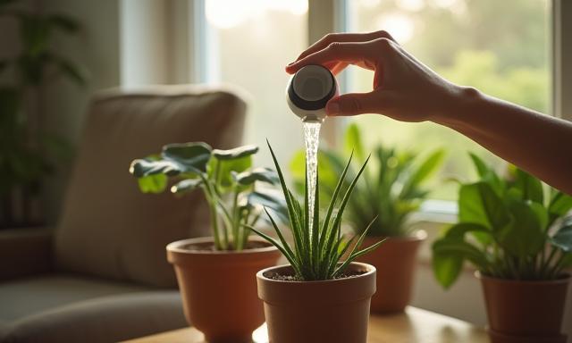 Persoon die een kamerplant water geeft met een slim apparaat