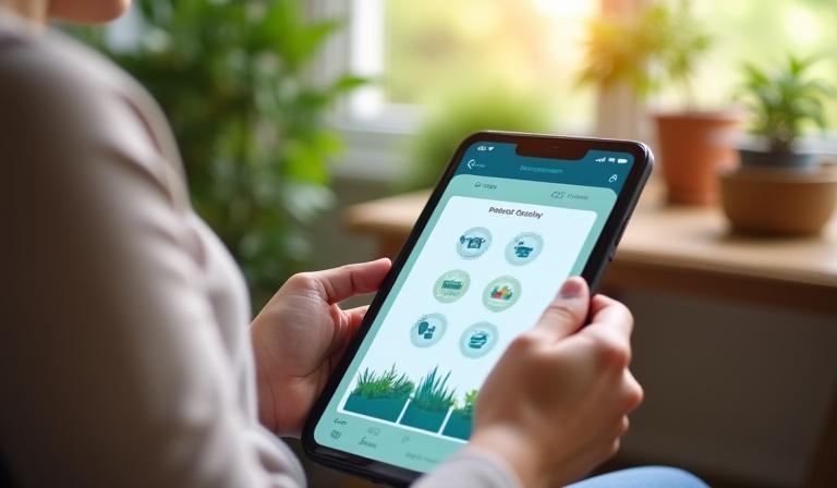 Persoon die gemakkelijk interacteert met een slimme tuinapp