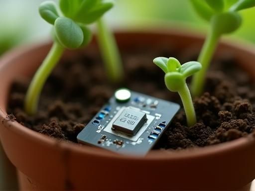 Close-up van een IoT-sensor in een bloempot